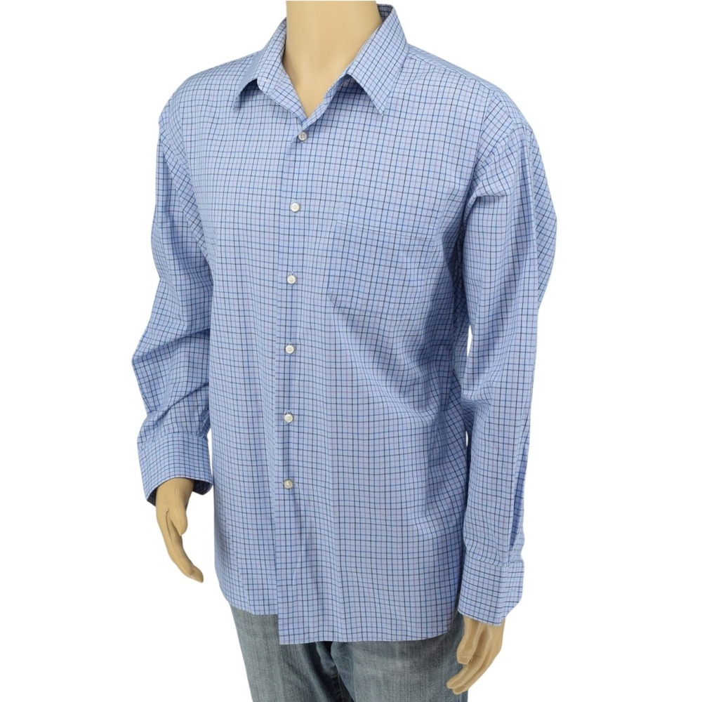 Tommy Bahama Mens 17.5-34/35 XL Blue Purple Plaid Cotton Shirt Palm Tree Logo